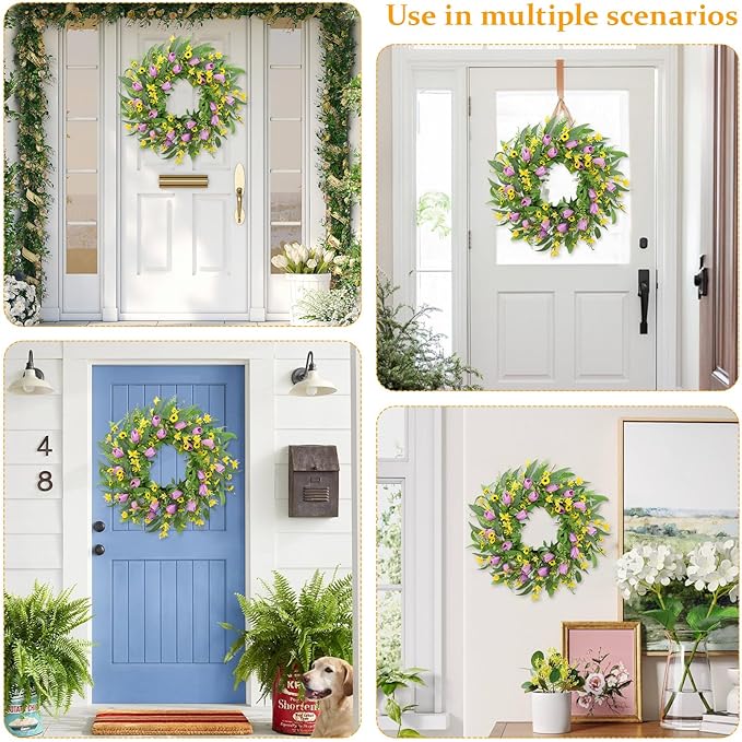 Spring Summer Wreaths for Front Door,22 Inch Artificial Purple Tulip Wreath with Wildflowers,Eucalyptus Leaves for Indoor Outdoor Wall Porch Festival Farmhouse Home Holiday Decor.
