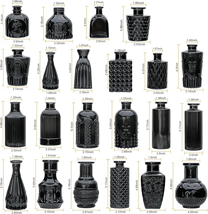 Brajttt Bud Vase Set of 25: Black Glass Vases - Small, Cute Vintage Set for Flower, Wedding, Home Decorations