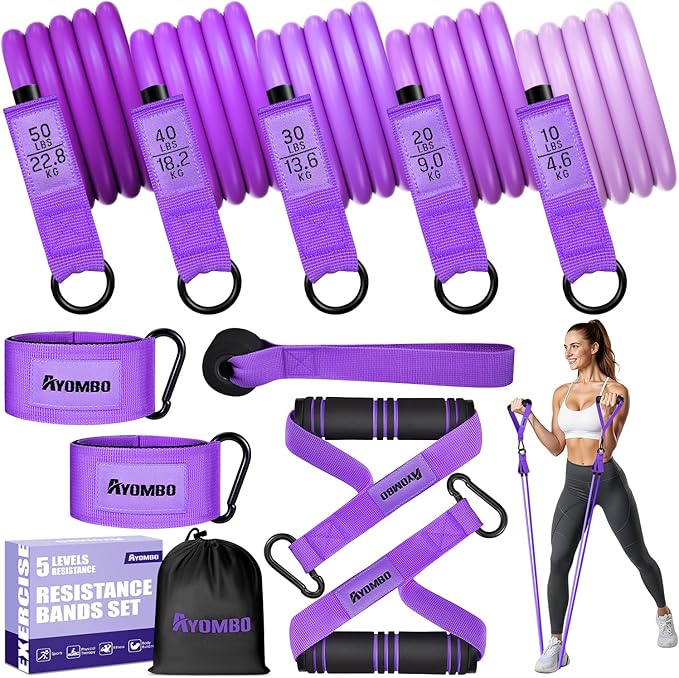 Resistance Bands with Handles for Women, Exercise Bands Set for Physical Therapy Yoga Pilates, 5 Level Workout Bands for Working Out with Door Anchor, Home Gym Fitness Equipment