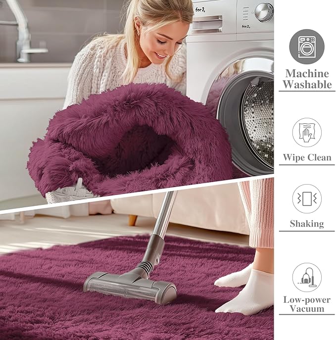 OLANLY 2x4 Machine Washable Runner Rugs for Hallway, Soft Fluffy Shaggy Bedside Rugs for Bedroom, Living Room, Indoor Floor Carpet for Kids Girls Boys, Nursery Rooms, Home Decor Aesthetic, Burgundy