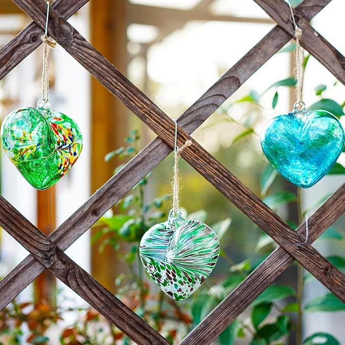 Set of 3 Green Blown Glass Heart Ornaments 4 Inch Hanging Decor for Outdoor Unique Home Garden Patio Decoration for Mom Wife