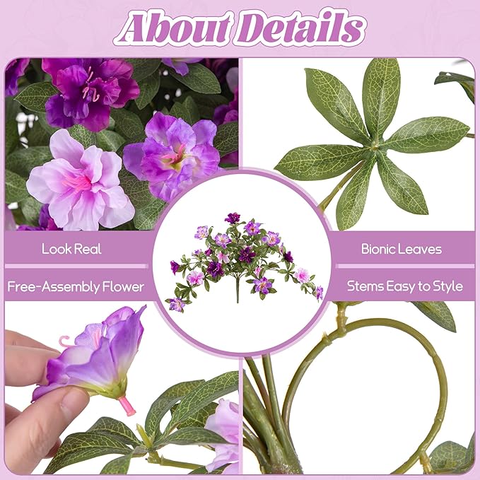 Artificial Fake Azalea Flowers for Outdoor Spring Decoration, Faux Silk Flower for Summer UV Resistant Look Real Plants for Garden Yard Porch Walkway Indoor Decor, 2PCS