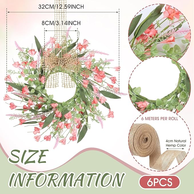6 PCS Artificial Spring Summer Swag Wreaths Mini Pink Forsythia Lavender Kitchen Cabinet Wreath Small Floral Hanging Flowers Wreaths for Front Door Wedding Farmhouse Porch Wall Window Tabletop Decor