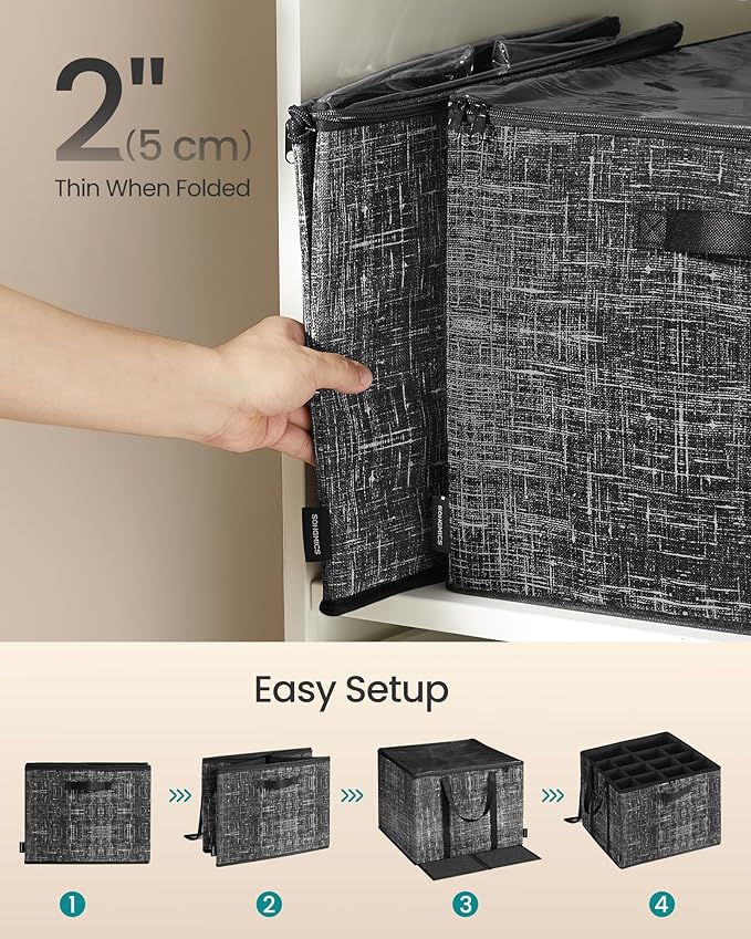 SONGMICS Shoe Organizer for Closet, Shoe Storage Box with Clear Lid, Foldable Fabric Bins, Holds 16 Pairs, Reinforced Handles, 16.5 x 16.5 x 12.5 Inches, Ink Black ULSP601B01