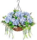 Artificial Hanging Hydrangea Flowers with Basket for Outdoor Spring Decoration, Fake Silk Hydrangea Flower Outdoor Indoor Arrangements, Fake Hanging Plants for Balcony Garden Yard Decor(Blue)