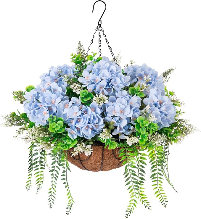 Artificial Hanging Hydrangea Flowers with Basket for Outdoor Spring Decoration, Fake Silk Hydrangea Flower Outdoor Indoor Arrangements, Fake Hanging Plants for Balcony Garden Yard Decor(Blue)