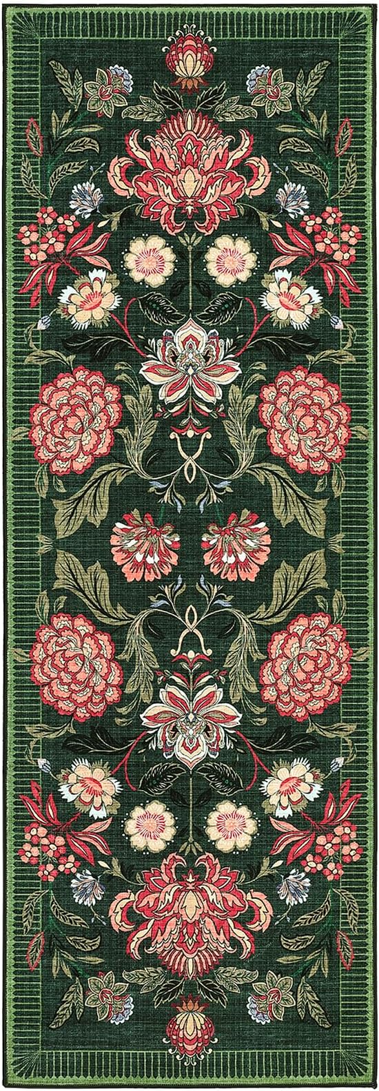 GarveeHome Forest Green Floral Botanical 2.5x8 Washable Kitchen Runner Rugs Non Slip Vintage Boho Cottage Long Rug for Hallways Bedroom Entryway Bathroom Mat with Rubber Back