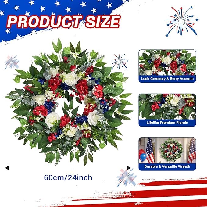 24 Inch 4th of July Wreath, Patriotic Wreaths for Front Door, Red White Blue Spring Summer Door Wreaths for Independence Day,Memorial Day Wreaths for Front Door Wall Window Decor