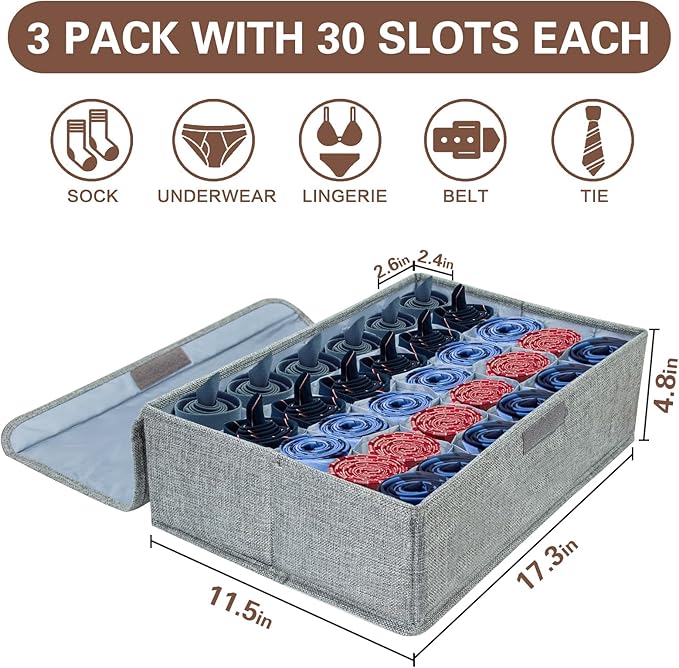PINGMIC Gray Sock Organizer Divider 3 Pack with Lid - 30 Cell Foldable Closet Storage, Tie Organizer For Men Boxes for Socks, Ties, Belts
