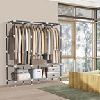 LOKEME Wardrobe Closet,Portable Closet for Bedroom Steel Pipe Diameter 19mm Strong and Sturdy Off White Portable Closets for Hanging Clothes with 3 Hanging rods, 6 Storage Shelves and Side Pocket