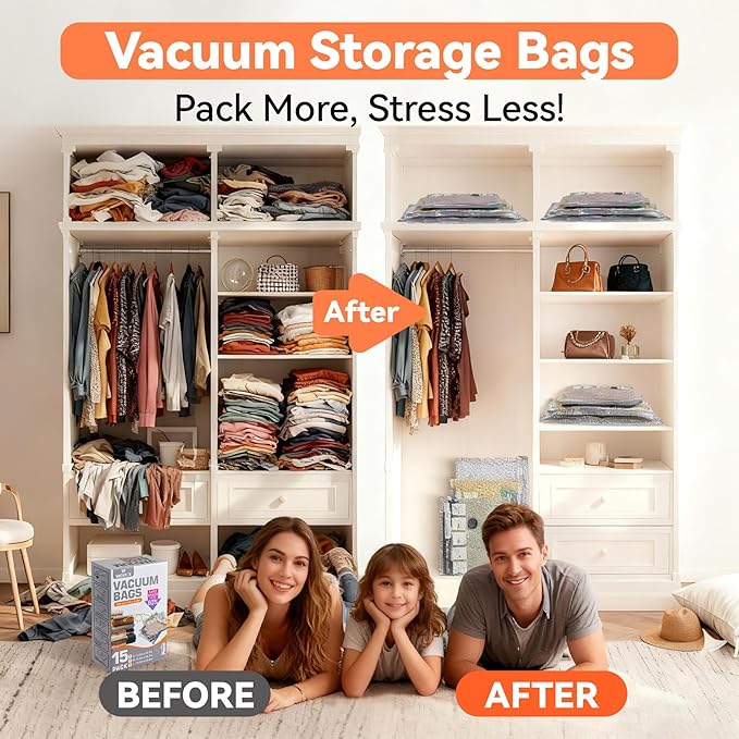 Vacuum Bags for Travel with USB and TYPE C Pump,vacuum seal travel bags,15 Pack Carry-on Size Compression Packing Bags for Luggage,Space Saver for Clothes and Clothing Travel(Grey)