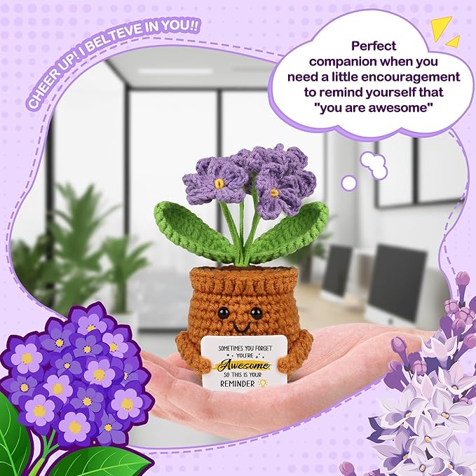 WenmthG Mini Positive Crochet Purple-Flower Doll - Funny Handmade Knitting Doll Birthday Emotional Inspirational Cheer Support Ideas Gifts for Women Girls Coworker Kids Back to School Gifts