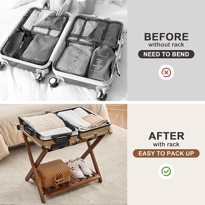 Fully Assembled Walnut Luggage Racks Set of 2, Bamboo Luggage Rack Stand for Guest Room, 5 Nylon Straps, 26.77" Folding Suitcase Stand with Storage Shelf for Bedroom Hotel, Holds up to 165 Lbs