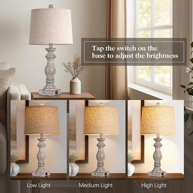 24.5" Table Lamp Set of 2, Rustic Farmhouse Bedside Lamps with USB A+C Charging Ports, 3-Way Dimmable Touch Control Nightstand Lamps for Living Room Bedroom, Antique Grey White, LED Bulbs Included