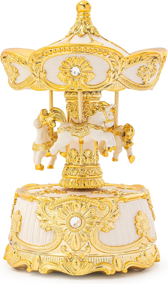 MXwcy Carousel Music Box 6.2" Classic Wind Up Music Box, Rotating Carousel Horse Christmas Table Center Piece, Gold & Ivory Vintage Home Decor, for Mom Women Birthday Gifts for Girls