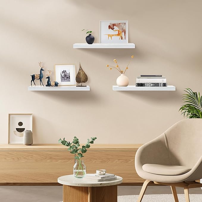 Upassion White Floating Shelves - Set of 3, 16" Wall Mounted Shelves for Home Decor, Living Room, Bedroom, Bathroom, Kitchen