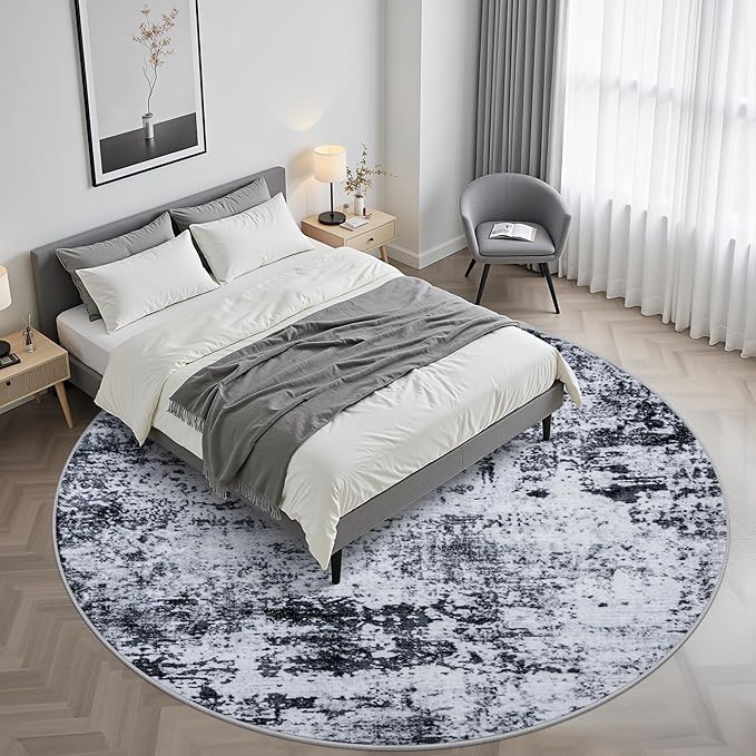 Round Area Rug for Living Room: 6 ft Washable Modern Abstract Soft Thin Rug Indoor Floor No Slip Stain Resistant Carpet for Bedroom Dining Room Farmhouse Nursery Home Office - Black