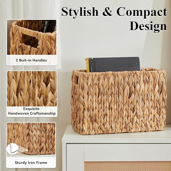 BROWNLILY Hand-Woven Magazine Holder, Natural Water Hyacinth Magazine Wicker Basket, Magazine Storage Floor Rustic Home Decor for Living Room, Bedroom