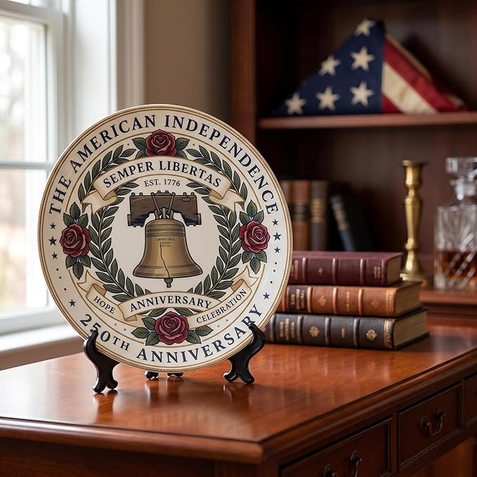 250th Anniversary Decorative Plates 8 Inch Vintage Liberty Bell Patriotic Decorations Commemorative Plates with Stand Memorial Day 4th of July Veterans Day Home & Office