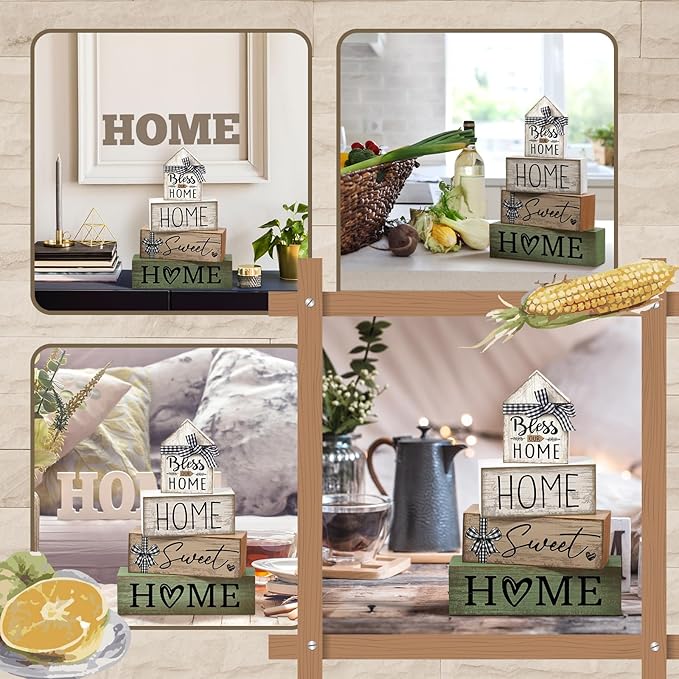 Moucuny 4 Pcs Wooden Farmhouse Table Decor Rustic Home Sweet Home Stacked Blocks Decoration Farmhouse Tiered Tray Decor Decorative Eucalyptus Block Signs Bless Gift for Kitchen Shelf Coffee Table