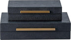 Set of 2 Black Shagreen Storage Boxes with Gold Metal Handles – Faux Leather Jewelry Organizer, Nesting Decorative Box for Photos, Memory Keepsake, Home & Office Decor