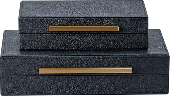 Set of 2 Black Shagreen Storage Boxes with Gold Metal Handles – Faux Leather Jewelry Organizer, Nesting Decorative Box for Photos, Memory Keepsake, Home & Office Decor