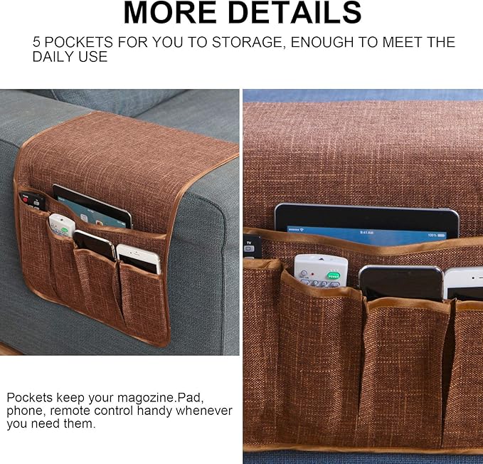 Sofa Armrest Organizer Non-Slip Remote Control Holders for Recliner Couch Chair Armchair Caddy with 5 Pockets for Table,Cell Phone,Ipad,Magazines,Books (Coffee, 13 x 35 Inch)