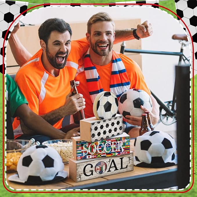 Moucuny 4 Pcs Soccer Table Decor Wooden Sport Tiered Tray Decor National Flags Table Centerpiece Decorative Classic Soccer Block Signs Gift Farmhouse Sports Decoration for Home Kitchen Shelf