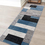 FlyDOIT Modern Geometric Patchwork Area Rug, 2x6 Blue Runner Rugs for Living Room, Rockwood Collection Indoor Rugs for Bedroom, Throw Carpet Floor Decor for Entryway Dining Room Office Nursery