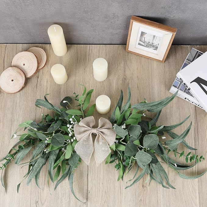 24" Floral Swag for Front Door Greenery Teardrop Swag Eucalyptus Swag Summer Wreath with Eucalyptus Olives Leaves Mixed Berry for Wedding Arch Party Wall Home Garden Decor
