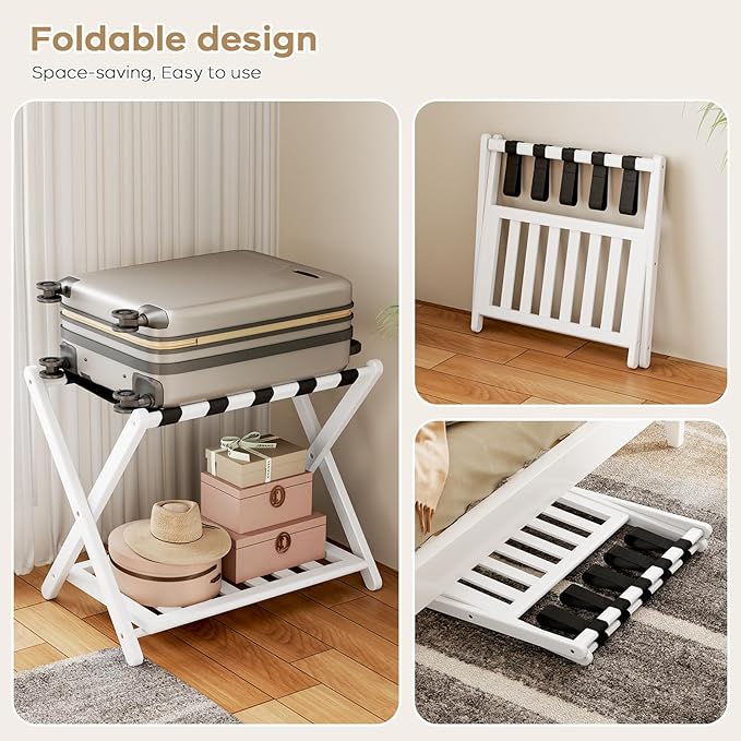 Luggage Rack for Guest Room - Set of 2 Full Assembled 26.77" L Luggage Rack Stand for Suitcases, Foldable Luggage Holder with Shoe Shelf for Bedroom, Hotel (White Bamboo Suitcase Stands)