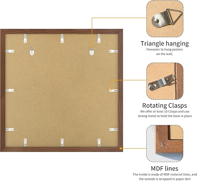 16x16 Picture Frame 3 Pack - Brown Poster Frame Display Pictures 12x12 with Mat or 16 x 16 Without Mat for Wall Hanging Horizontal and Vertical