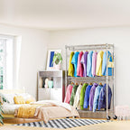 Heavy Duty Rolling Garment Rack 3 Tiers Adjustable Wire Shelving Clothes Rack with 2 Rods and Side Hooks,Storage Closet Clothing Rack with Wheels Chrome 15.7" D x 45.3" W x 79.6" H