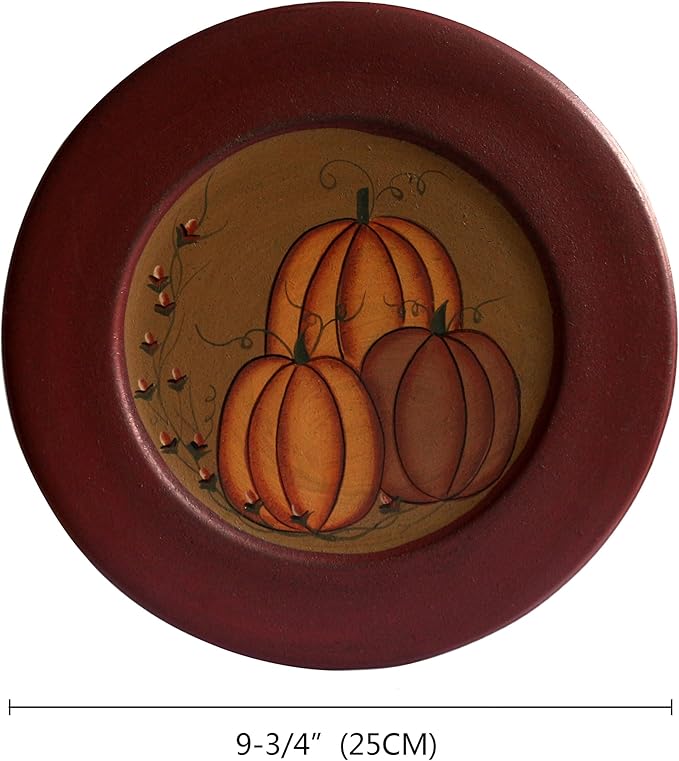 CVHOMEDECO. Primitive Antique Pumpkin Painted Wood Decorative Plate Halloween Display Wooden Plate Home Décor Art, 9-3/4 Inch