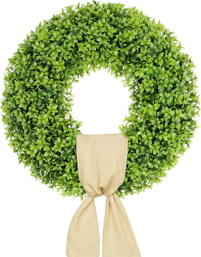 Vlorart 23 Inch Large Boxwood Door Wreaths for Front Door All Season, Artificial Spring Summer Green Wreath with Sash & Bow, Front Door Wreaths for Indoor Outdoor Porch Wall Window Farmhouse Decor