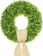 Vlorart 23 Inch Large Boxwood Door Wreaths for Front Door All Season, Artificial Spring Summer Green Wreath with Sash & Bow, Front Door Wreaths for Indoor Outdoor Porch Wall Window Farmhouse Decor