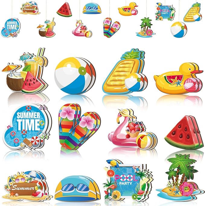 Sintuff 36 Pieces Summer Tree Ornaments Beach Wooden Hanging Ornaments Summer Tree Decorations Hawaiian Pendant Watermelon Flamingo Decorations for Luau Seaside Party Supplies