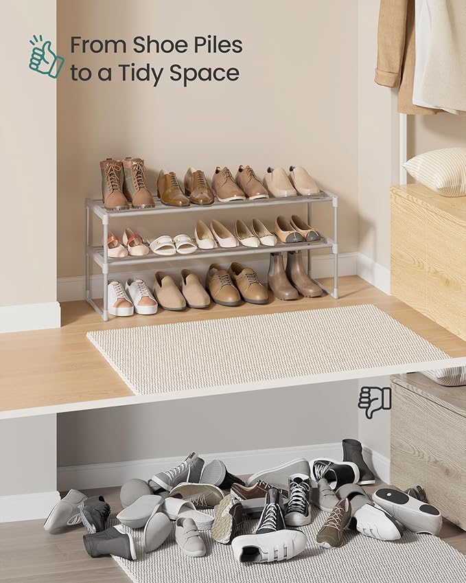 SONGMICS Shoe Rack, 2-Tier Shoe Organizer, Metal Storage Shelf, Upright or Upside Down, for 12-15 Pairs, Stackable, for Entryway, 11.8 x 36.2 x 14.6 Inches, Gray ULSA012G01