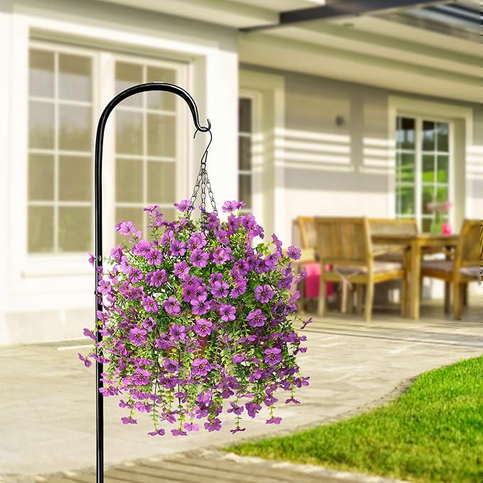 Artificial Hanging Flowers for Outdoors Spring Decoration, 2PCS Silk Fake Daisy Realistic Outdoor Flowers UV Resistant Porch Patio Window Yard Decor(Purple)