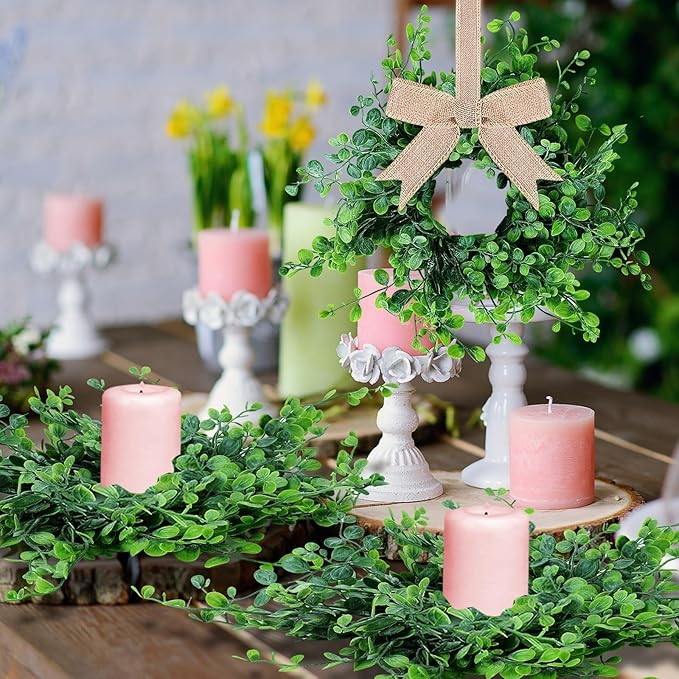 8 Pcs Mini Boxwood Wreath Green Table Centerpieces Spring Pillars Candle Rings Wreaths 9 Inch Wreath for Cabinets Farmhouse Wreaths with Ribbon for Front Door Porch Wall Window Decorations
