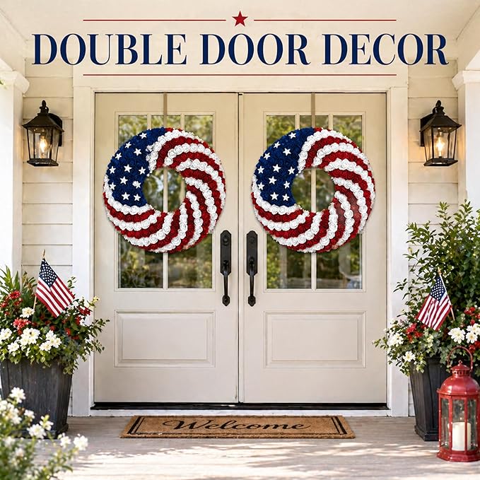 2 Pcs 18 Inch Patriotic Wreath for Front Door 4th of July Wreath Red White Blue Rose Front Door Decor Independence Memorial Artificial Rose Wreaths for 250th Anniversary Porch Wall Indoor Outdoor