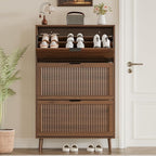 Shoe Cabinet for Entryway with 3 Flip Drawers, Slim Wooden Shoe Storage Organizer with Modern Fluted Pannel，Freestanding Narrow Hidden Shoe Rack for Hallway, Foyer, Living Room