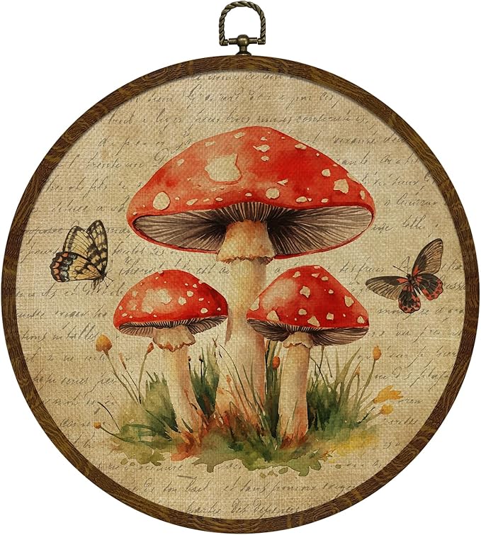 Vintage Mushroom Wildflower Wall Art Decor, Fantasy Forest Botanical Illustration,Boho Round Frame Wall Hanging Decor, Retro Botanical Canvas Prints Wall Art for Bedroom Living Room 10x10 Inch(MG05)