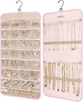 BAGSMART Hanging Jewelry Organizer Storage Roll with Hanger Metal Hooks Double-Sided Jewelry Holder for Earrings, Necklaces, Rings on Closet, Wall, Door, 1 piece, Medium, Pink