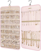 BAGSMART Hanging Jewelry Organizer Storage Roll with Hanger Metal Hooks Double-Sided Jewelry Holder for Earrings, Necklaces, Rings on Closet, Wall, Door, 1 piece, Medium, Pink