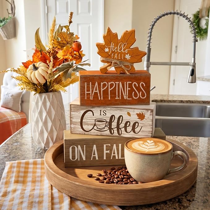 Lineshading 4 Pcs Fall Decoration for Home Wooden Maple Leaf Thanksgiving Table Centerpiece Thanksgiving Tiered Tray Decor Rustic Decorative Maple Leaf Block Signs Farmhouse Autumn Decor for Kitchen
