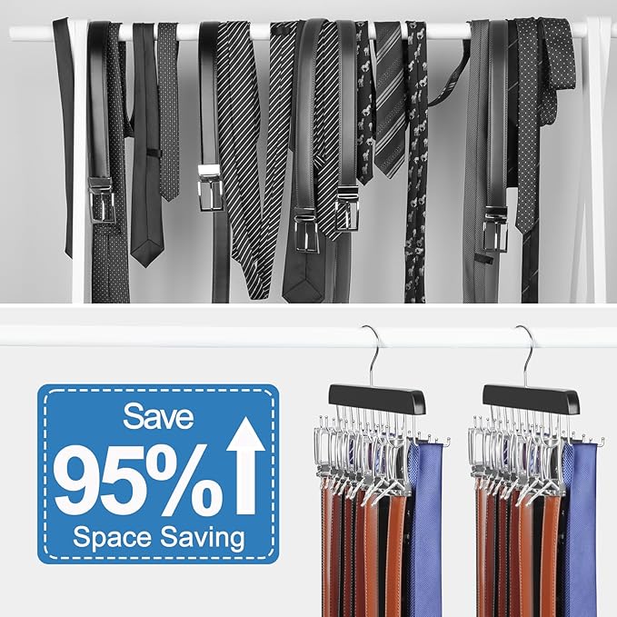 TOPIA HANGER 20 Hooks Belt Tie Hanger Space Saving for Closet, 2 IN 1 Belt Ties Racks Max 30 Belts with 30 Ties Capacity, Curved with Flat Hooks for Belts,Ties,Bras,Closet Organizers and Storage CT69B