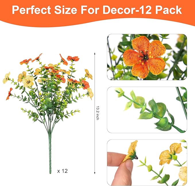 Artificial Fake Flowers Plants for Outdoor Spring Decor, 12 Bundles Faux Silk Flowers for Outdoor Outside Planter Colorful Daisy UV Resistant Look Real for Front Door Porch Patio Yard(Yellow Orange)