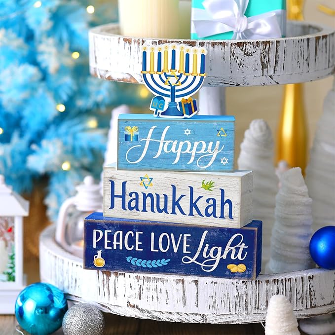 Moucuny 4 Pcs Hanukkah Decorations for Home Chanukah Table Decor Wooden Menorah Decoration Hanukkah Centerpiece Rustic Decorative Menorah Block Signs Gift Farmhouse Jewish New Year Decoration for Home