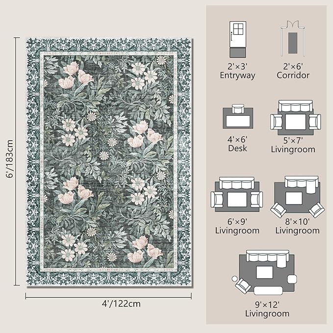 Vintage Floral with Ornate Border Washable 4x6 Area Rug, Soft Low Pile Carpet for Living Room, Dining Room Under Table, Bedroom | Non-Slip, Stain Resistant & Durable